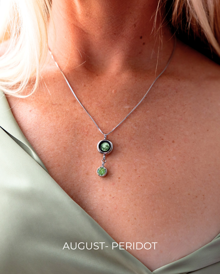 Moon Phase Necklace with Birthstone - Silver