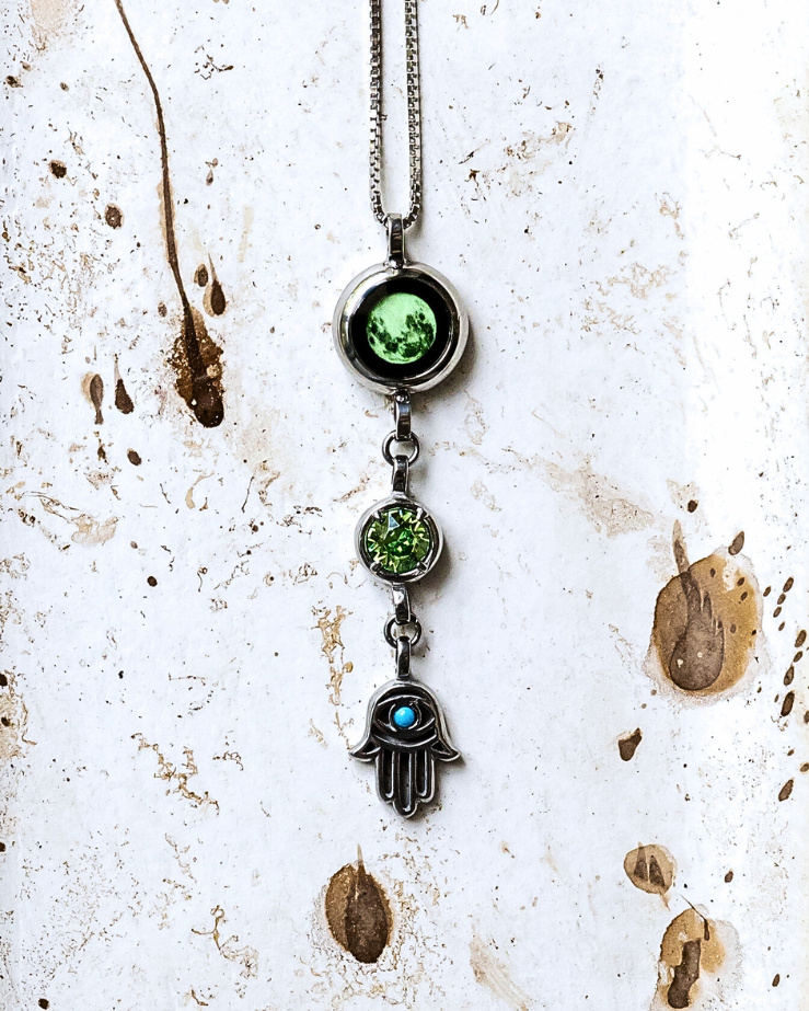 Moon Phase Necklace with Birthstone and Hamsa Charm - Silver