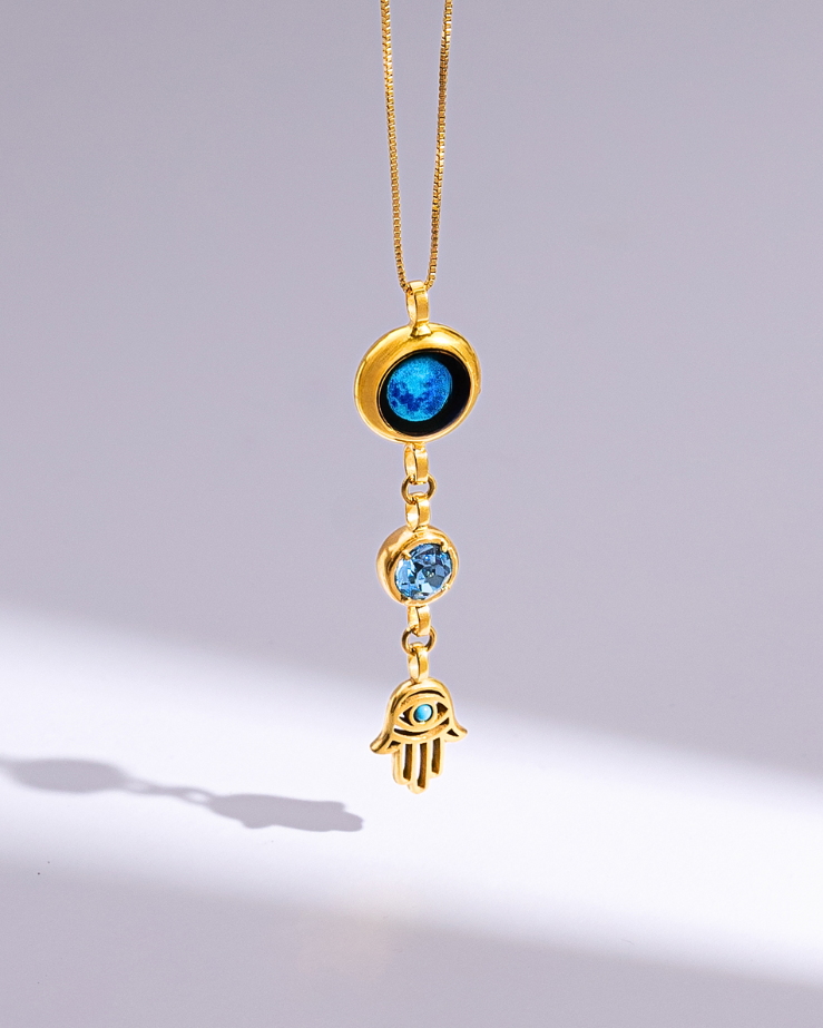 Moon Phase Necklace with Birthstone and Hamsa Charm - Gold