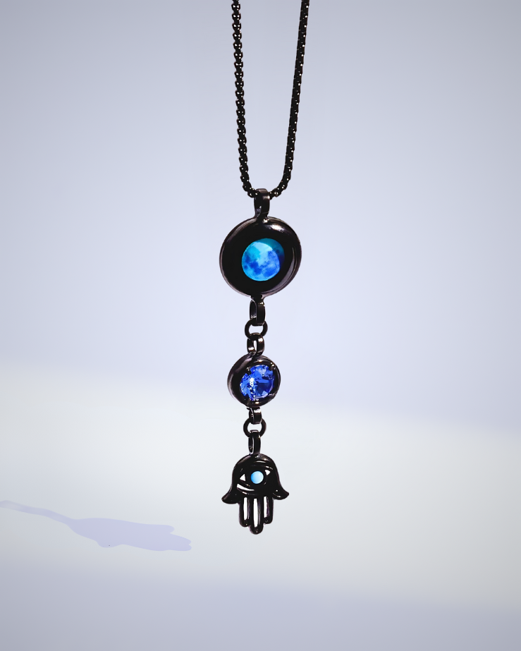 Moon Phase Necklace with Birthstone and Hamsa Charm - Black