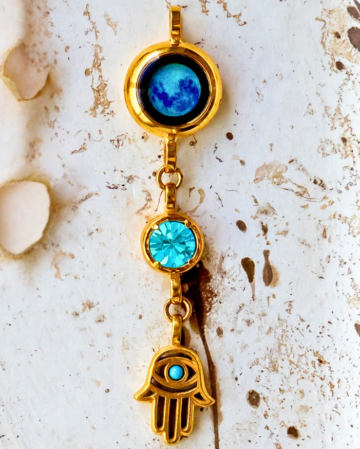 Moon Phase Necklace with Birthstone and Hamsa Charm - Gold