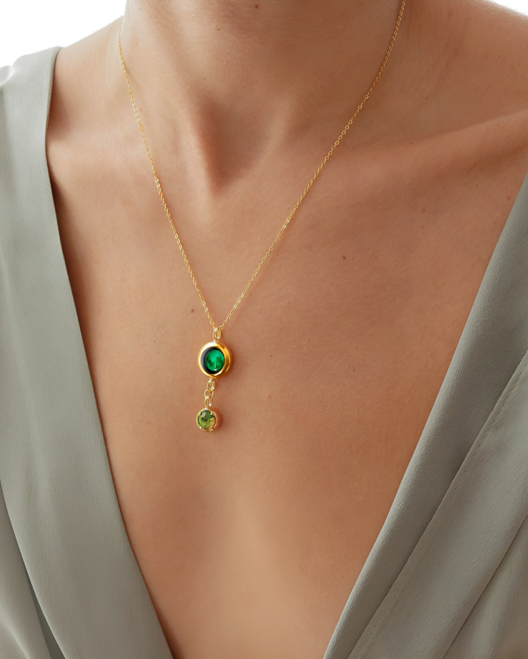 Moon Phase Necklace with Birthstone - Gold