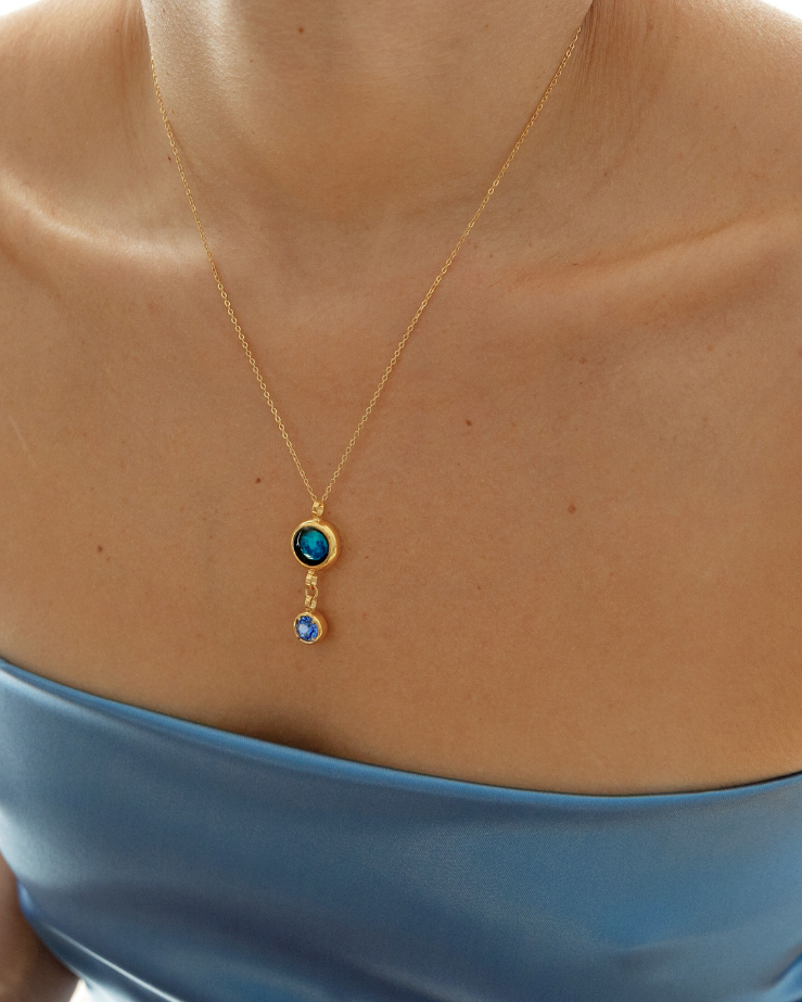 Moon Phase Necklace with Birthstone - Gold