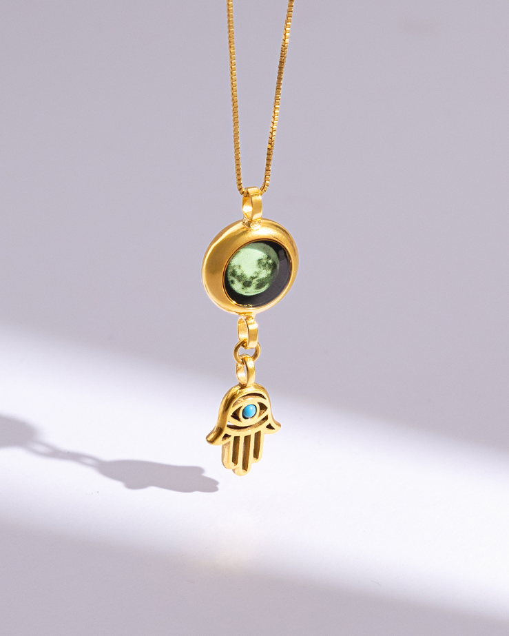 Moon Phase Necklace with Hamsa Charm - Gold