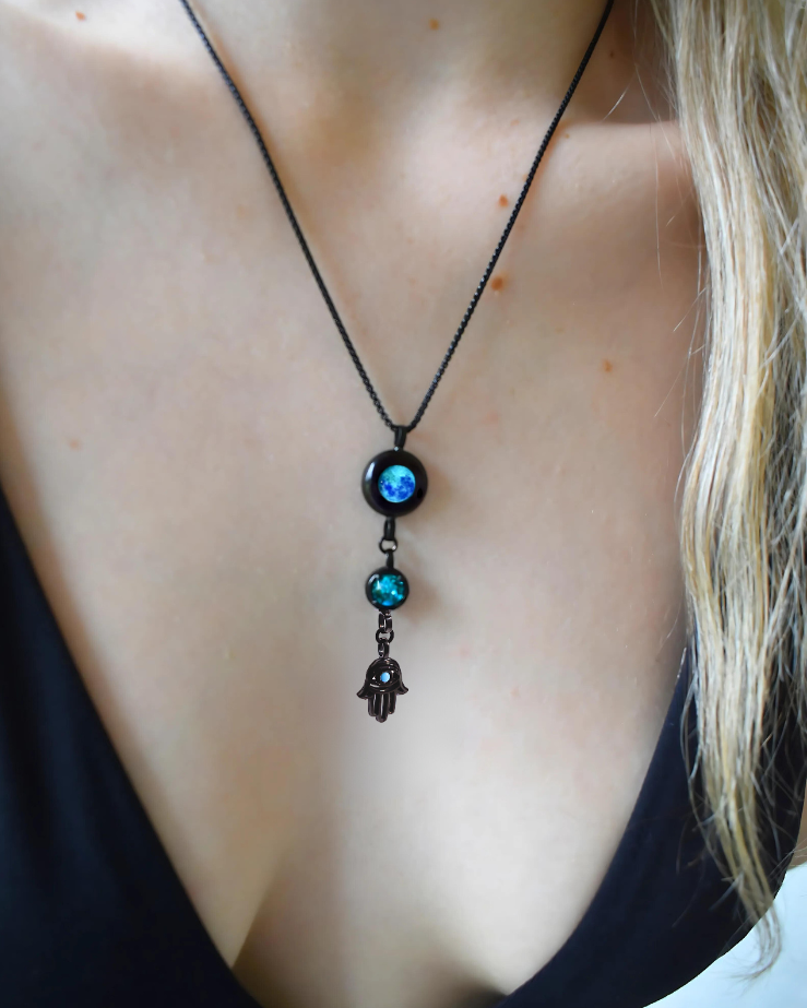 Moon Phase Necklace with Birthstone and Hamsa Charm - Black