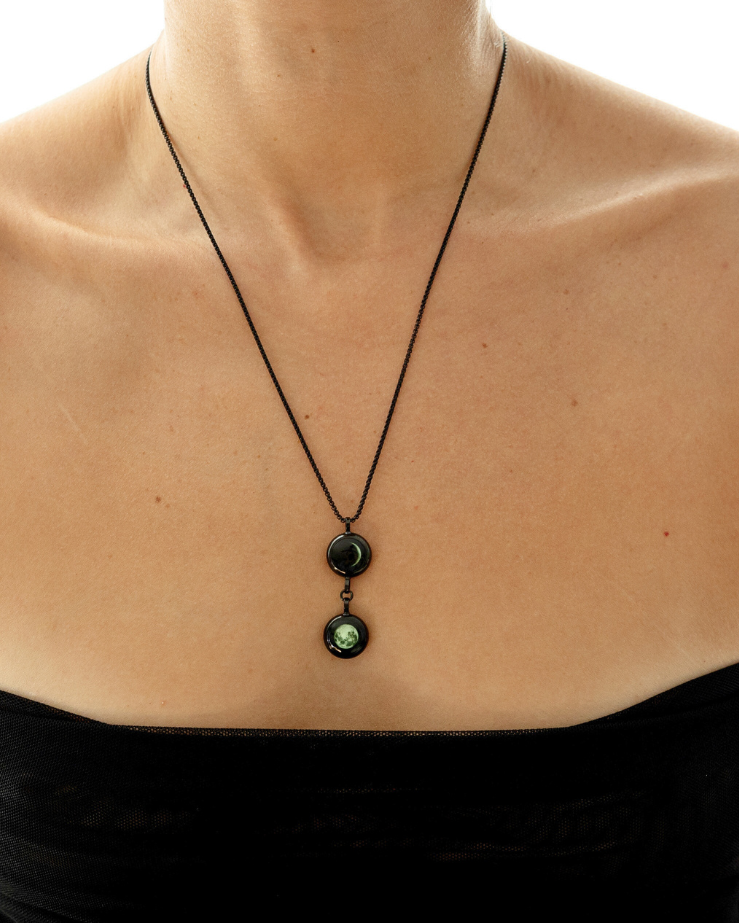 Double Moon Phase Necklace - Black