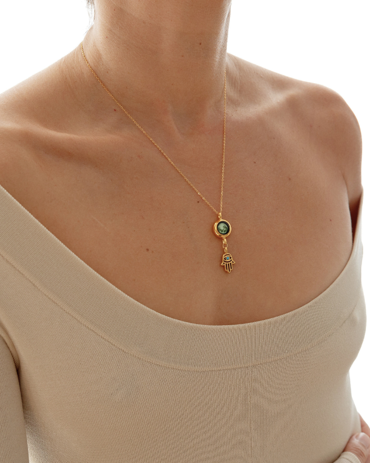 Moon Phase Necklace with Hamsa Charm - Gold