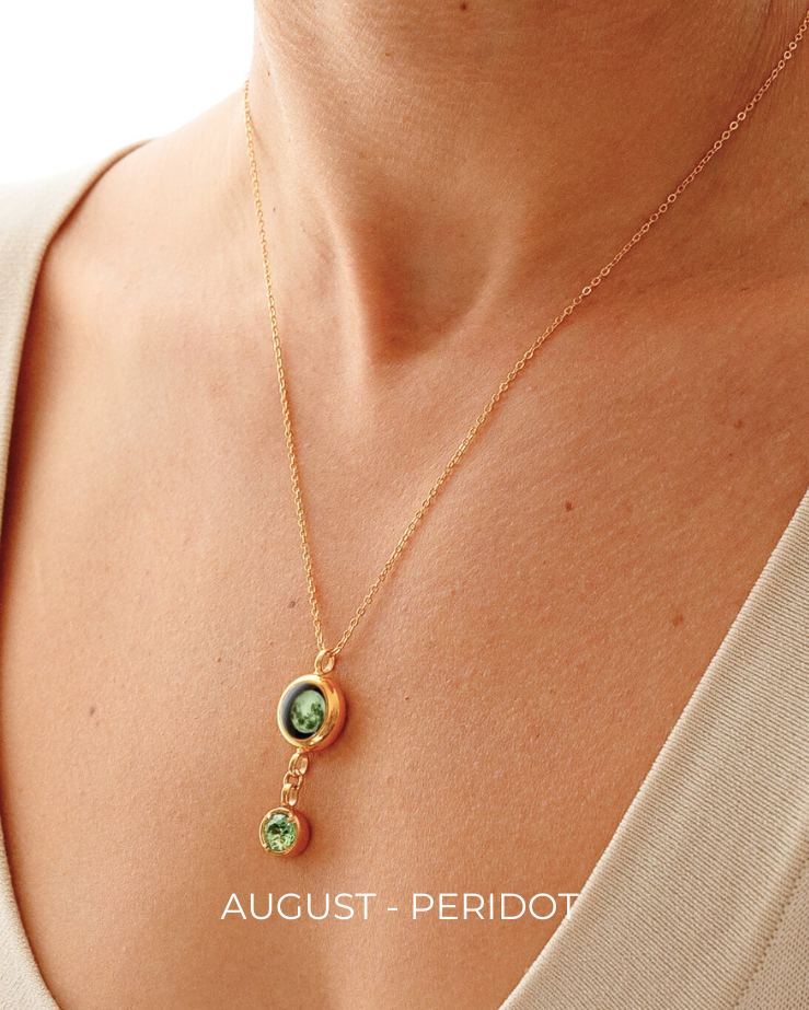 Moon Phase Necklace with Birthstone - Gold