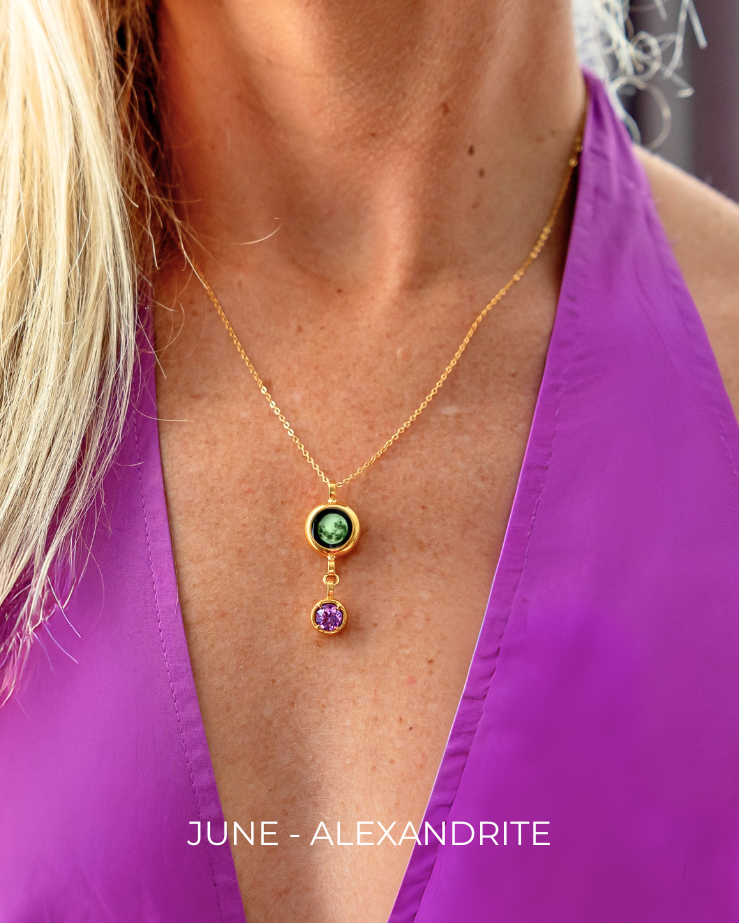 Moon Phase Necklace with Birthstone - Gold