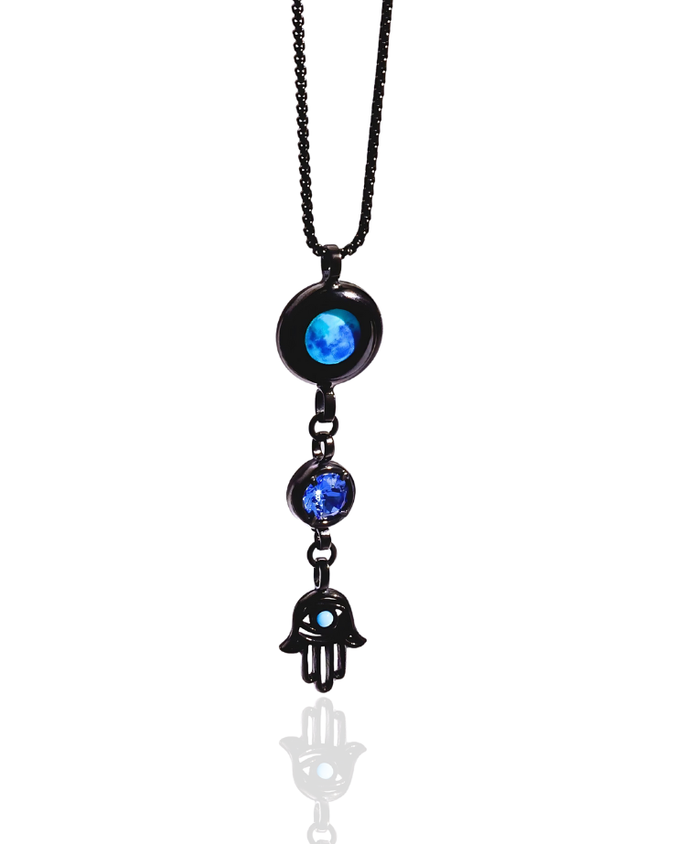 Moon Phase Necklace with Birthstone and Hamsa Charm - Black