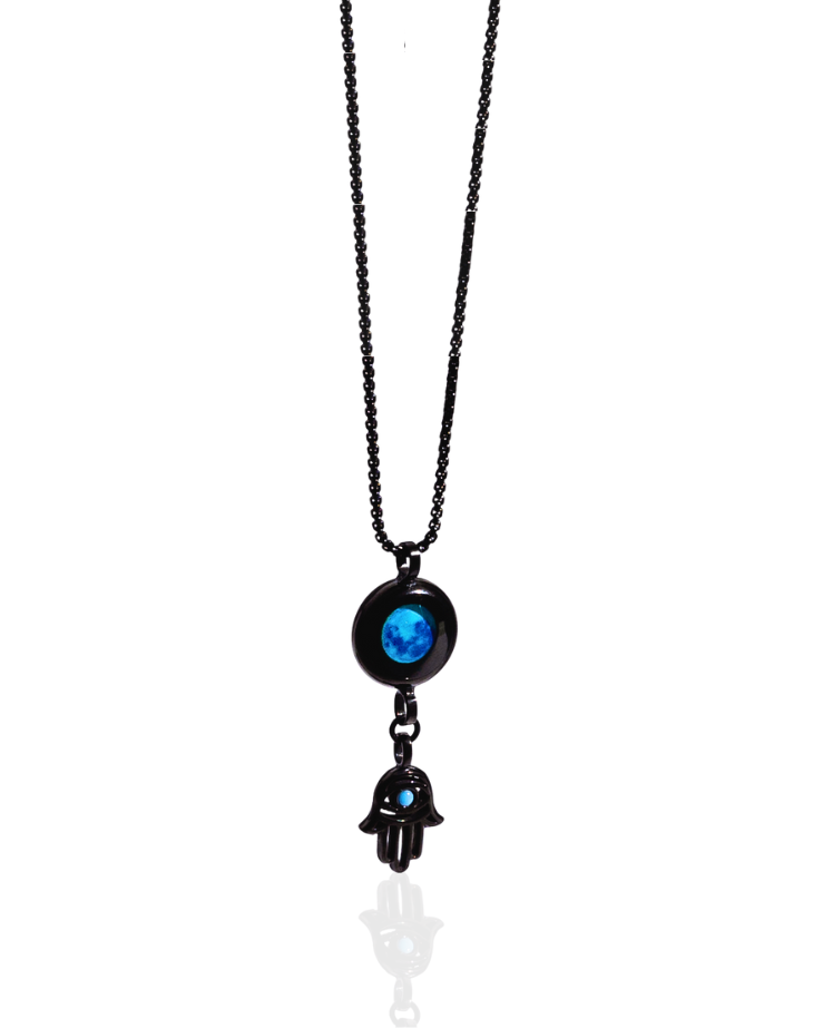 Moon Phase Necklace with HAMSA Charm - Black