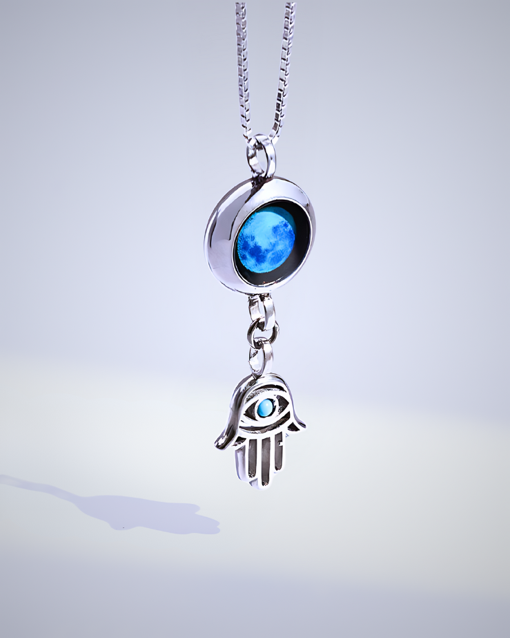 Moon Phase Necklace with Hamsa Charm - Silver