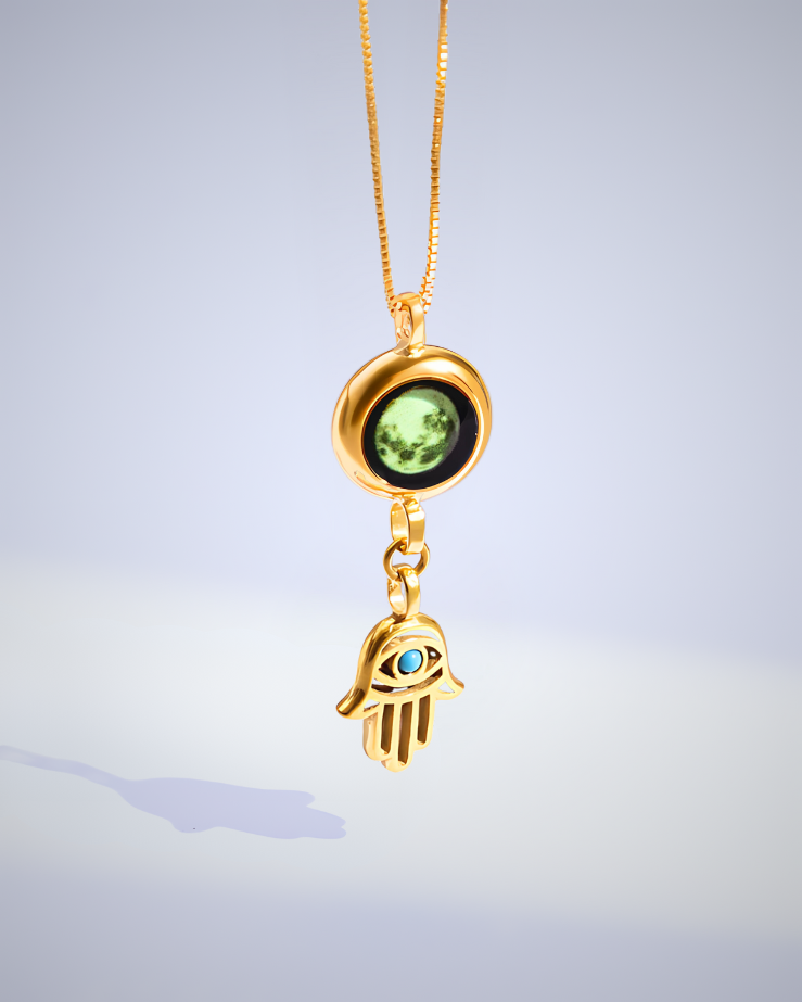 Moon Phase Necklace with Hamsa Charm - Gold