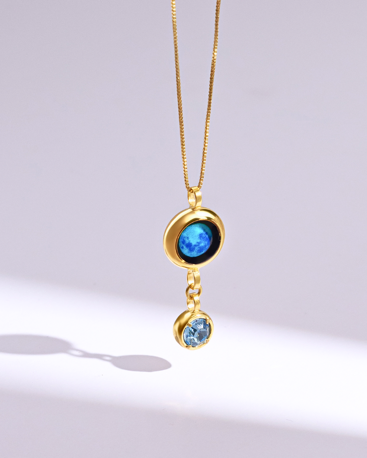 Moon Phase Necklace with Birthstone - Gold