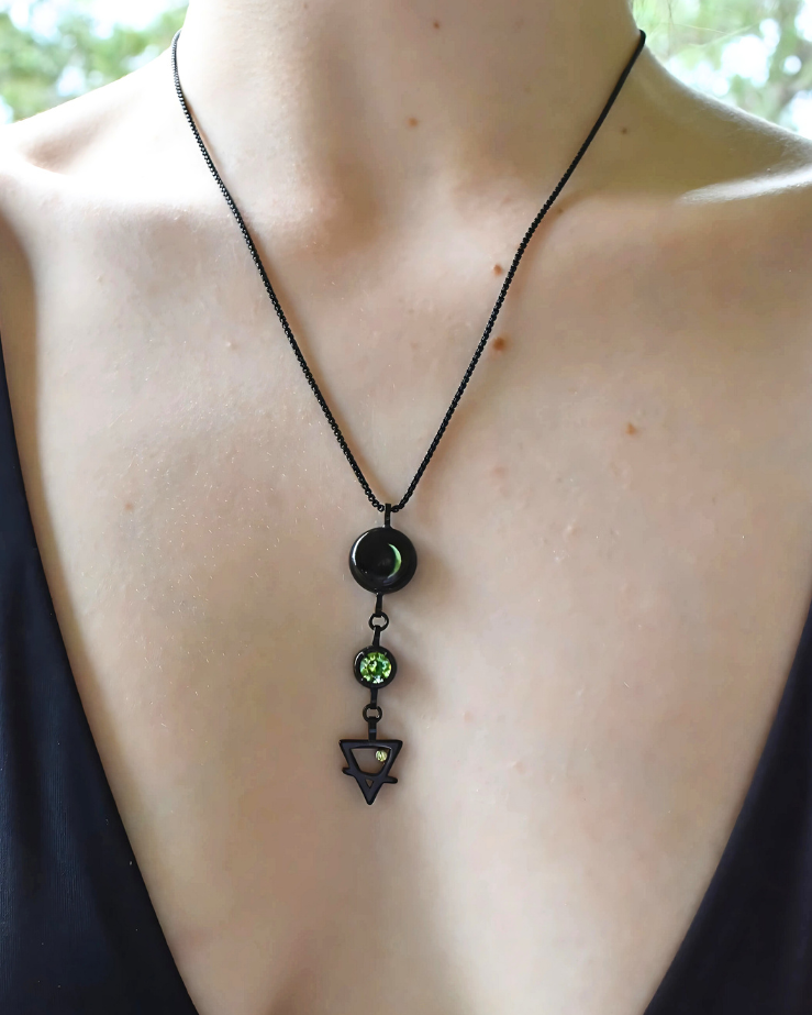 Moon Phase Necklace with Birthstone and Zodiac Element - Black