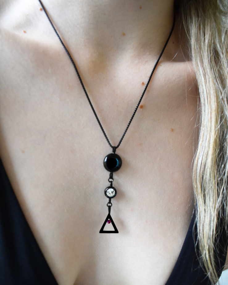 Moon Phase Necklace with Birthstone and Zodiac Element - Black