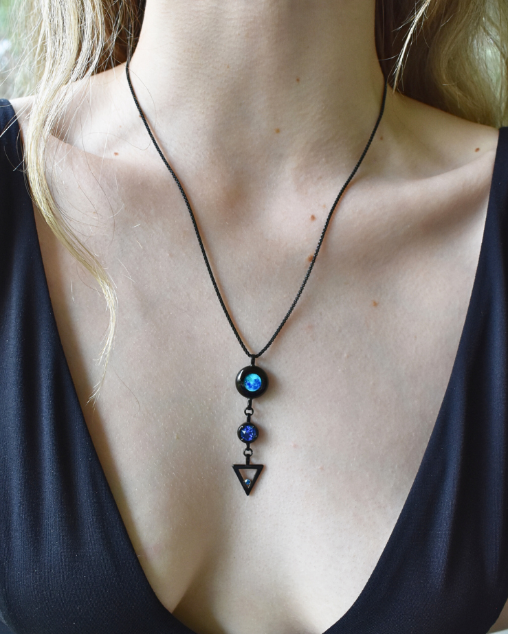 Moon Phase Necklace with Birthstone and Zodiac Element - Black