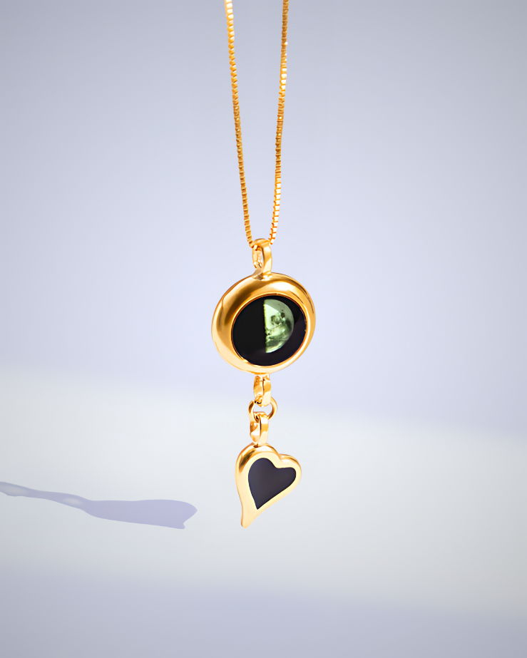 Moon Phase Necklace with Heart Charm - Gold