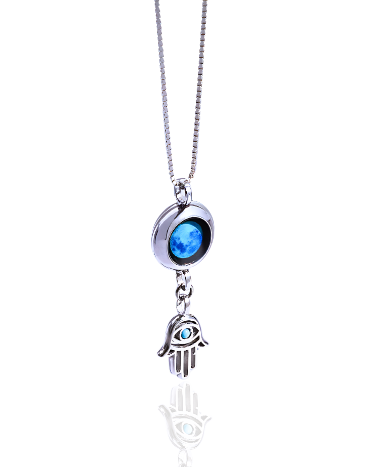 Moon Phase Necklace with Hamsa Charm - Silver