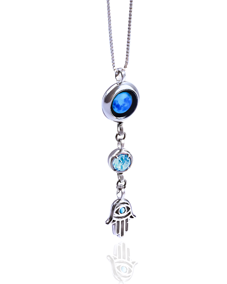 Moon Phase Necklace with Birthstone and Hamsa Charm - Silver