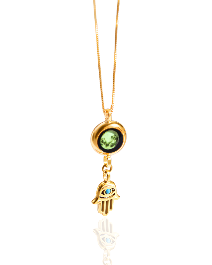 Moon Phase Necklace with Hamsa Charm - Gold